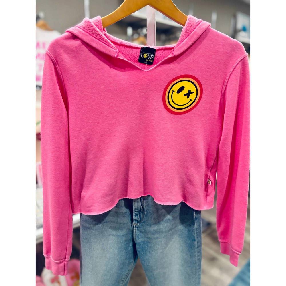 NEW LOVE JUNKIE girls' smile face cropped hoodie in bright pink